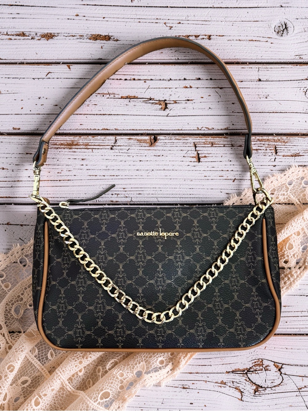 Nanette Lepore Monogram Logo Signature Top Handle Zip Faux Leather Small Bag